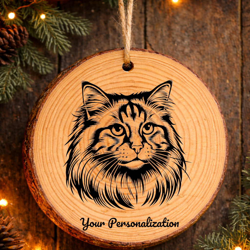 Raas Longhair Cat Rustic Pine Wooden Round Ornament