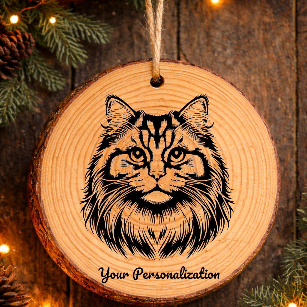 Raas Longhair Cat Rustic Pine Wooden Round Ornament