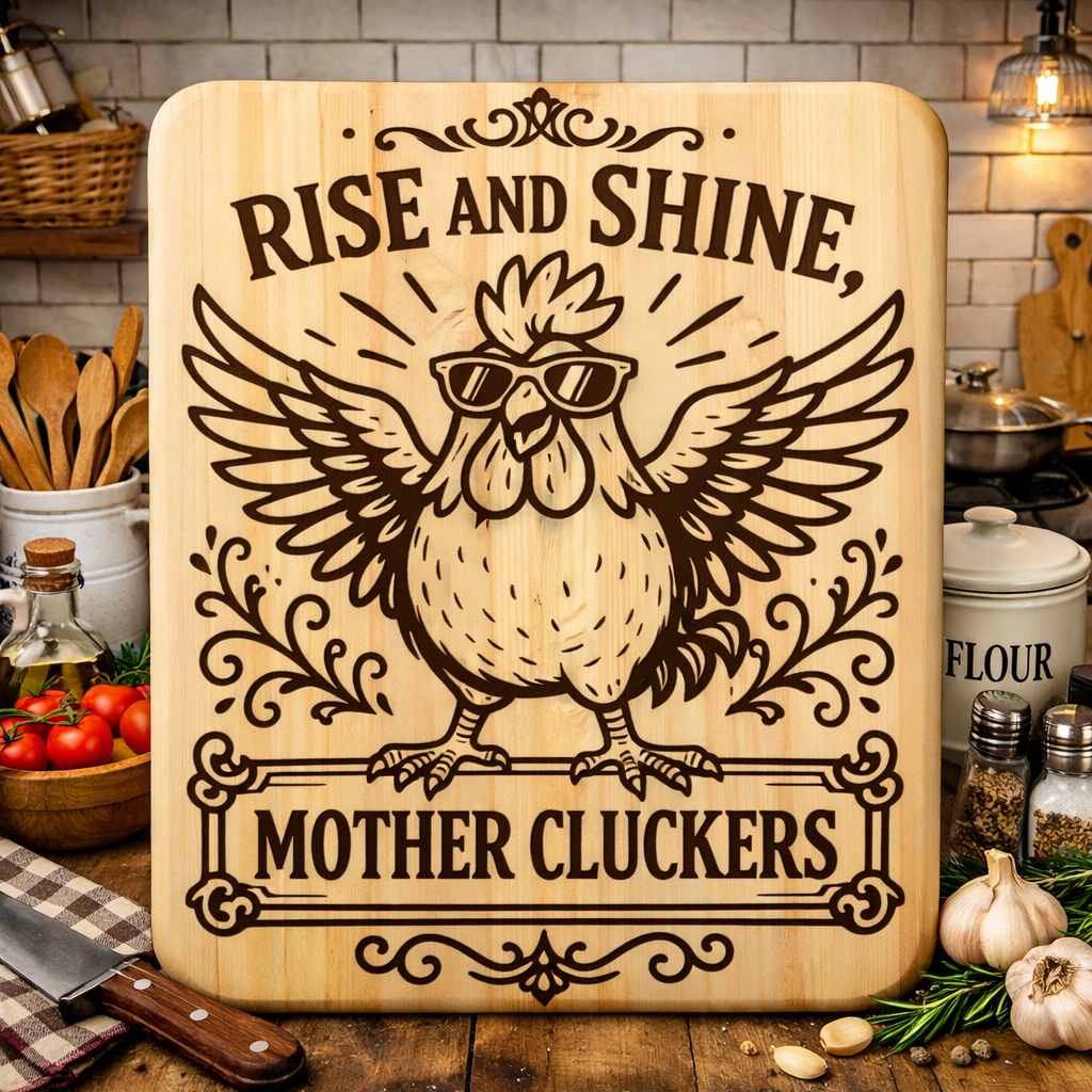 “Rise and Shine Mother Cluckers" Engraved Kitchen Board
