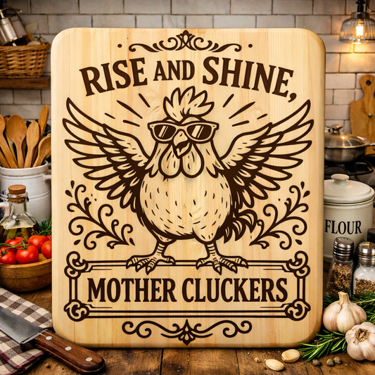 “Rise and Shine Mother Cluckers" Engraved Kitchen Board