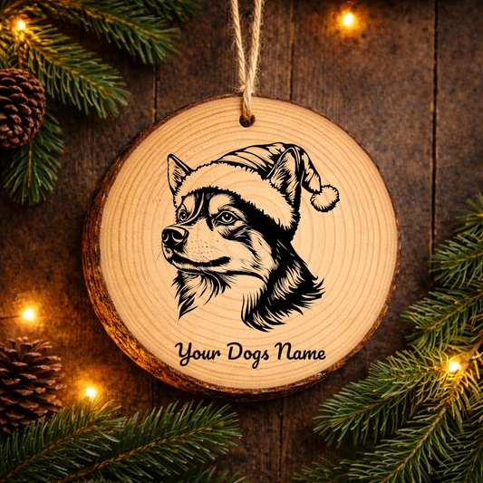 Alaskan Klee Kai Santa Hat Dog Rustic Pine Christmas Ornament
