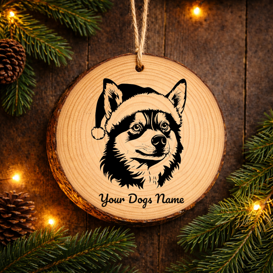 Alaskan Klee Kai Santa Hat Dog Rustic Pine Christmas Ornament
