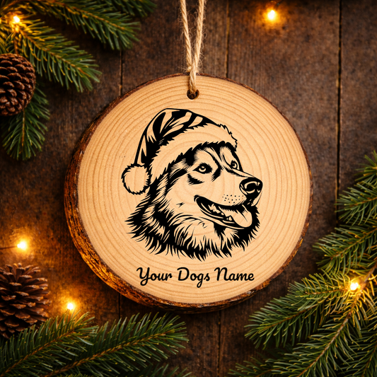 Alaskan Malamute Santa Hat Dog Rustic Pine Christmas Ornament
