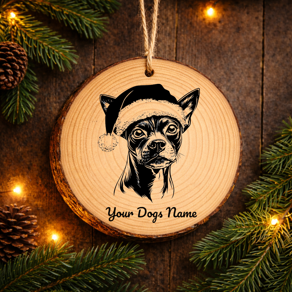 American Hairless Terrier Santa Hat Dog Rustic Pine Christmas Ornament