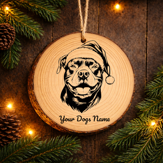 American Pit Bull Terrier Santa Hat Dog Rustic Pine Christmas Ornament