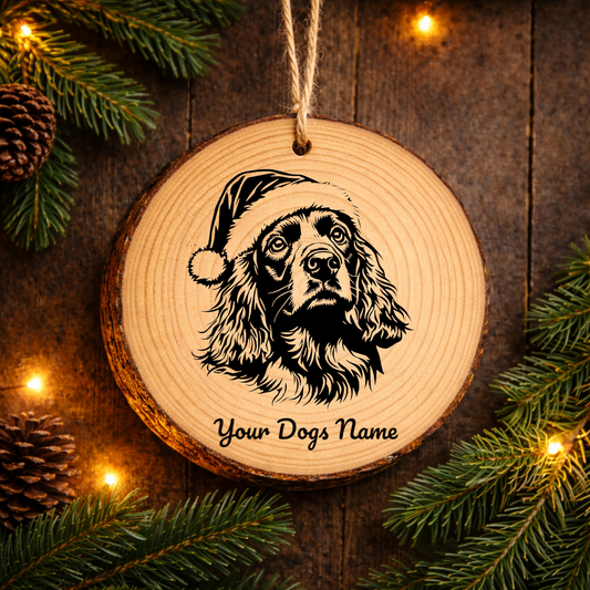 American Water Spaniel Santa Hat Dog Rustic Pine Christmas Ornament