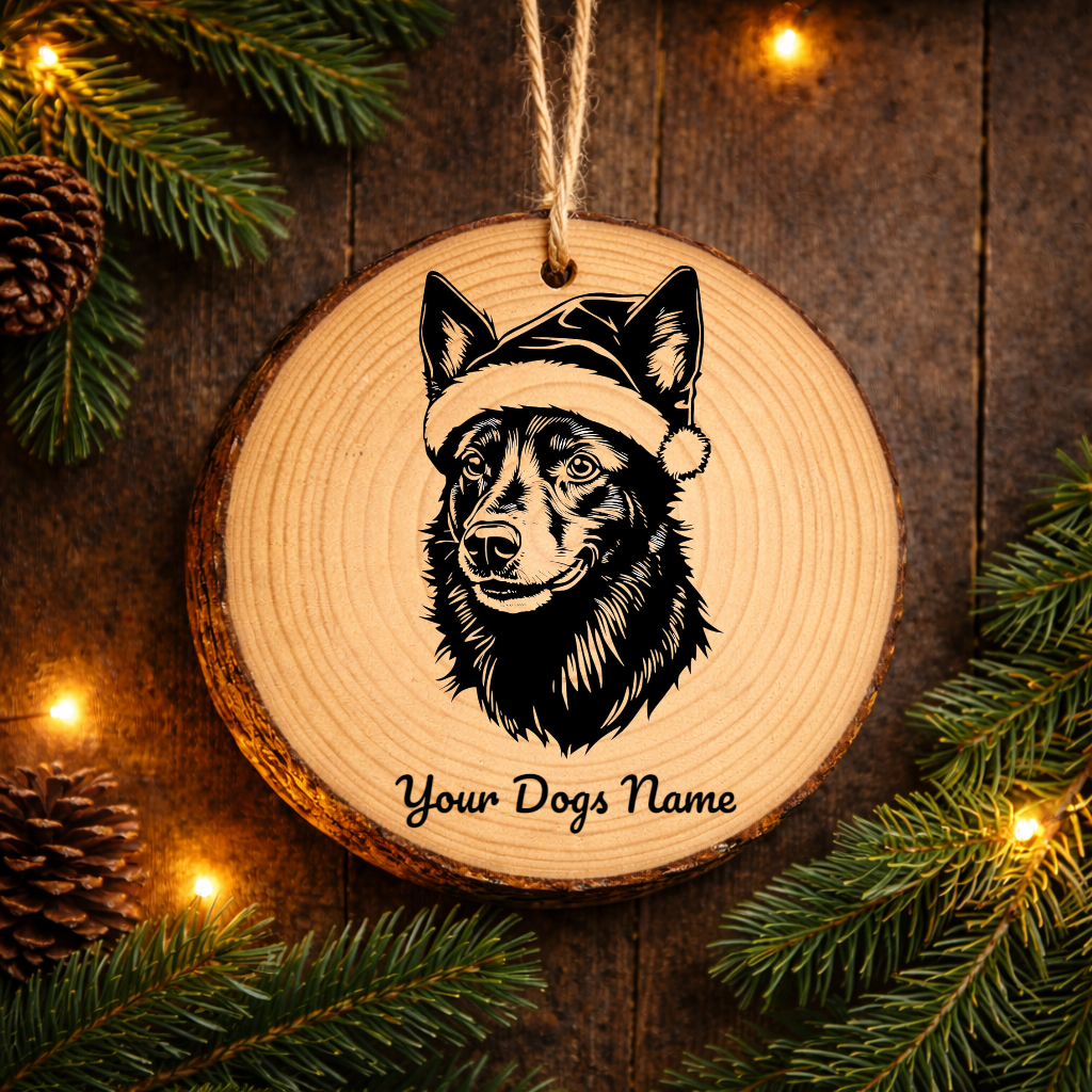 Australian Kelpie Santa Hat Dog Rustic Pine Christmas Ornament