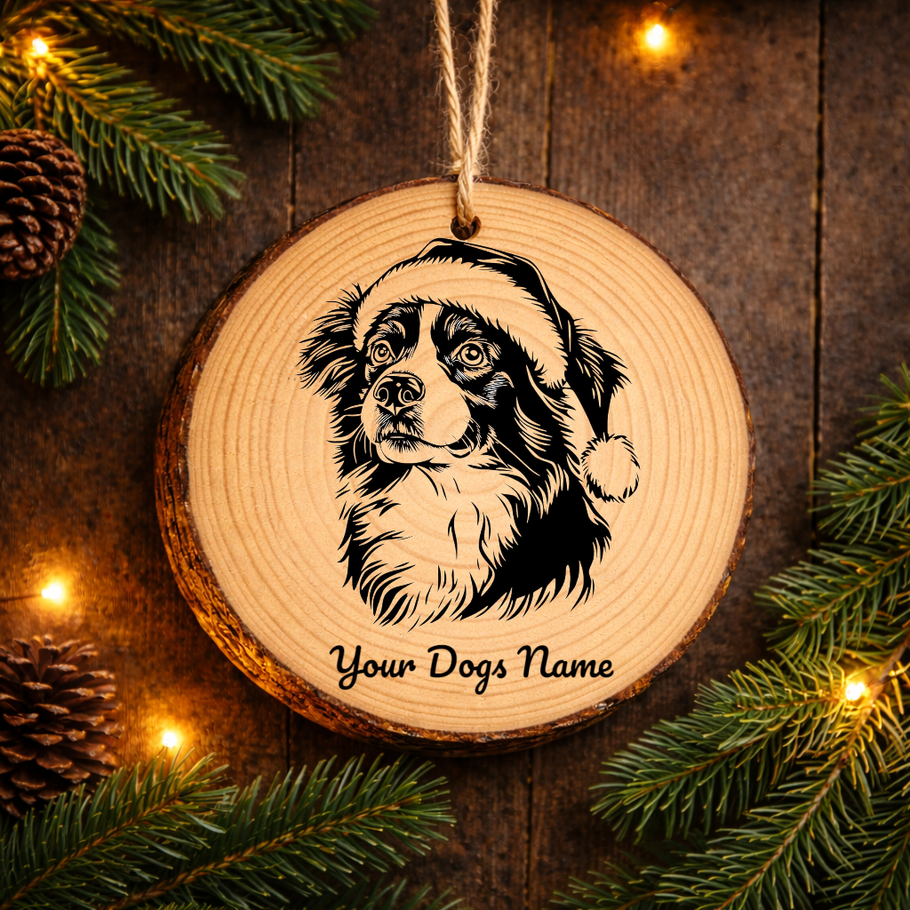 Australian Shepherd Santa Hat Dog Rustic Pine Christmas Ornament