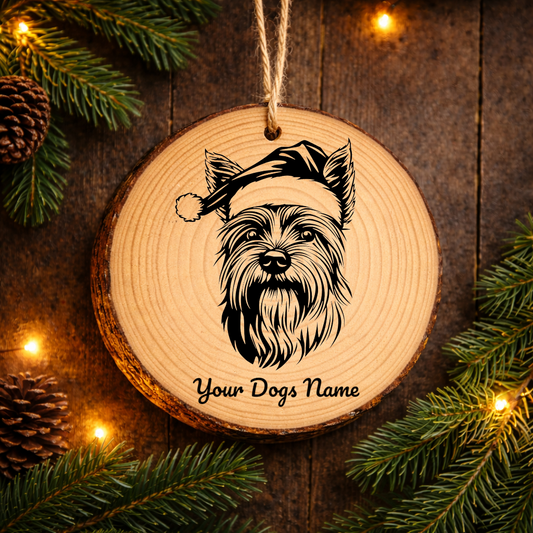 Australian Silky Terrier Santa Hat Dog Rustic Pine Christmas Ornament