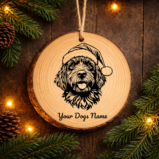 Barbet Santa Hat Dog Rustic Pine Christmas Ornament