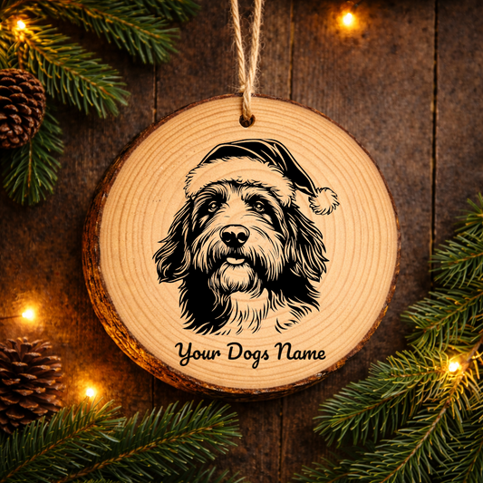 Bearded Collie Santa Hat Dog Rustic Pine Christmas Ornament