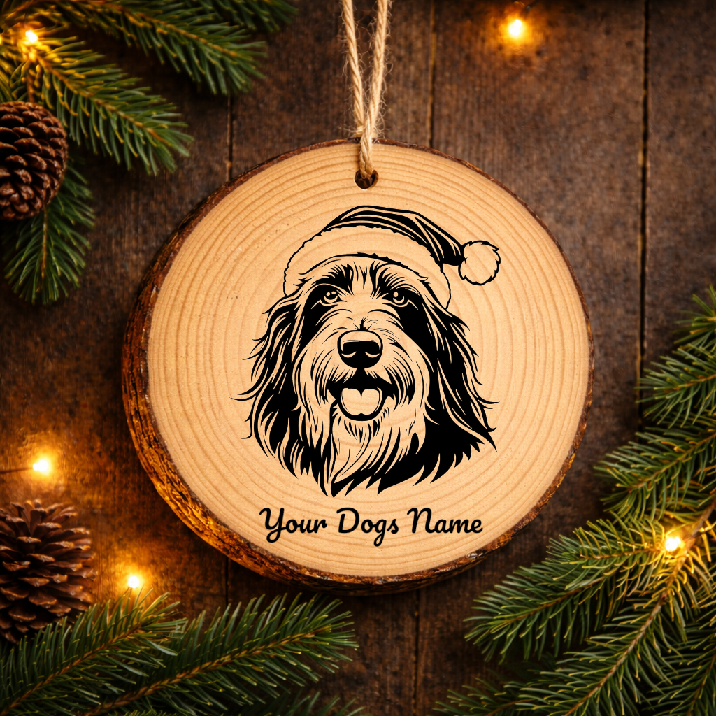 Bearded Collie Santa Hat Dog Rustic Pine Christmas Ornament