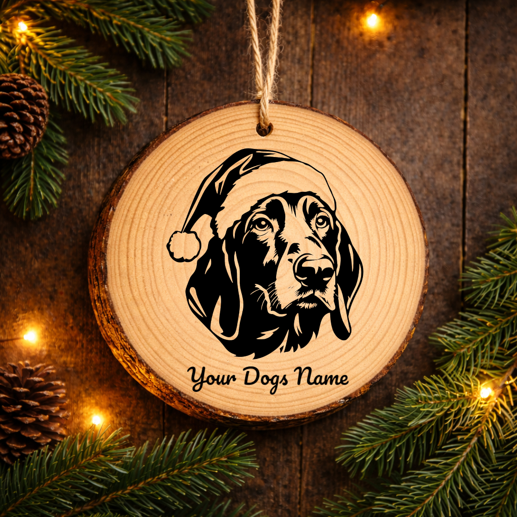 Black and Tan Coonhound Santa Hat Dog Rustic Pine Christmas Ornament