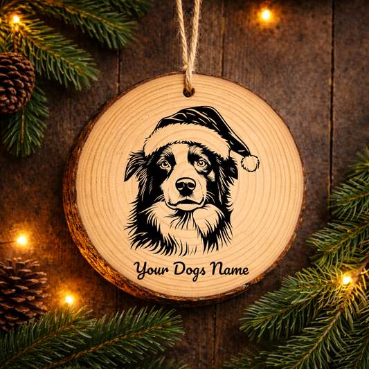 Border Collie Santa Hat Dog Rustic Pine Christmas Ornament