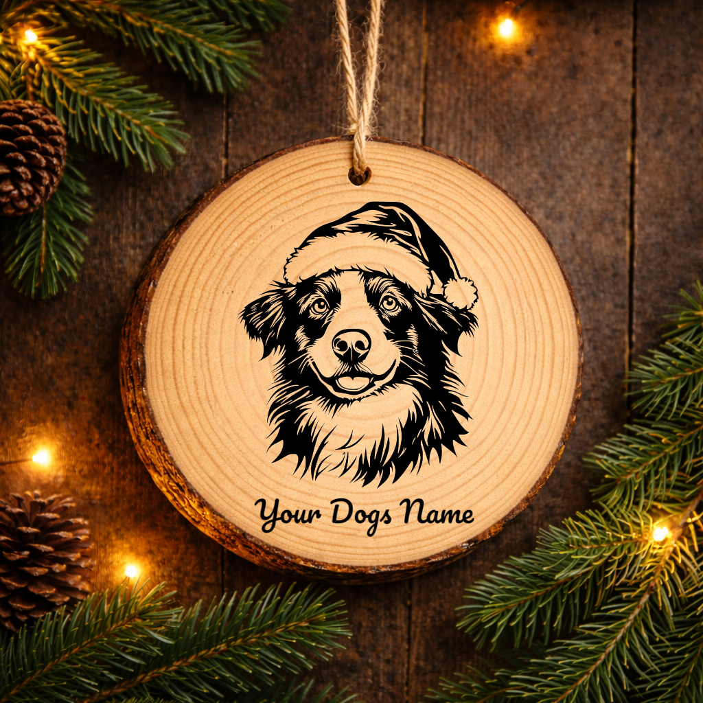 Border Collie Santa Hat Dog Rustic Pine Christmas Ornament