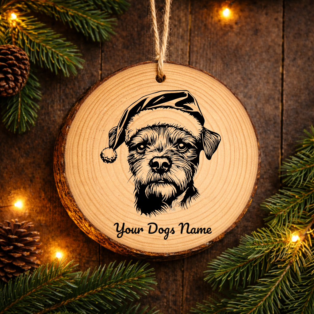 Border Terrier Santa Hat Dog Rustic Pine Christmas Ornament