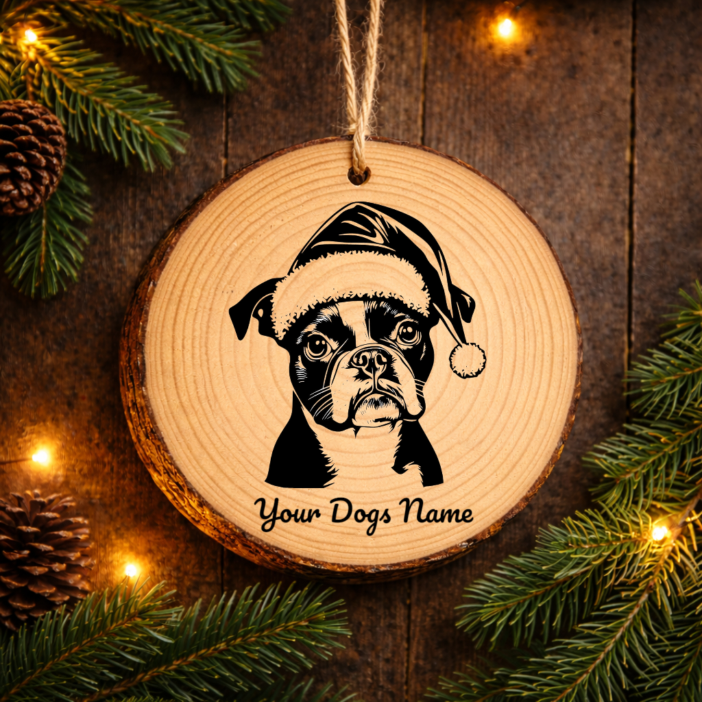 Boston Terrier Santa Hat Dog Rustic Pine Christmas Ornament