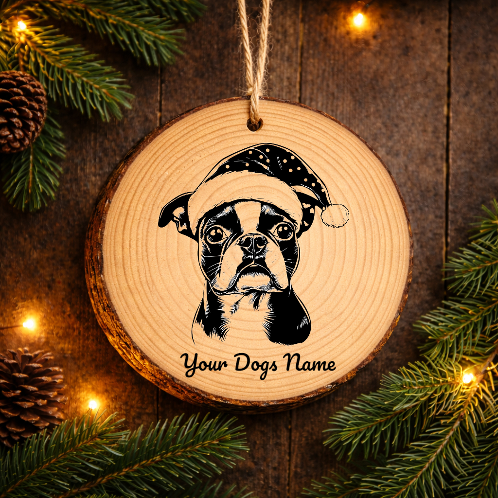 Boston Terrier Santa Hat Dog Rustic Pine Christmas Ornament