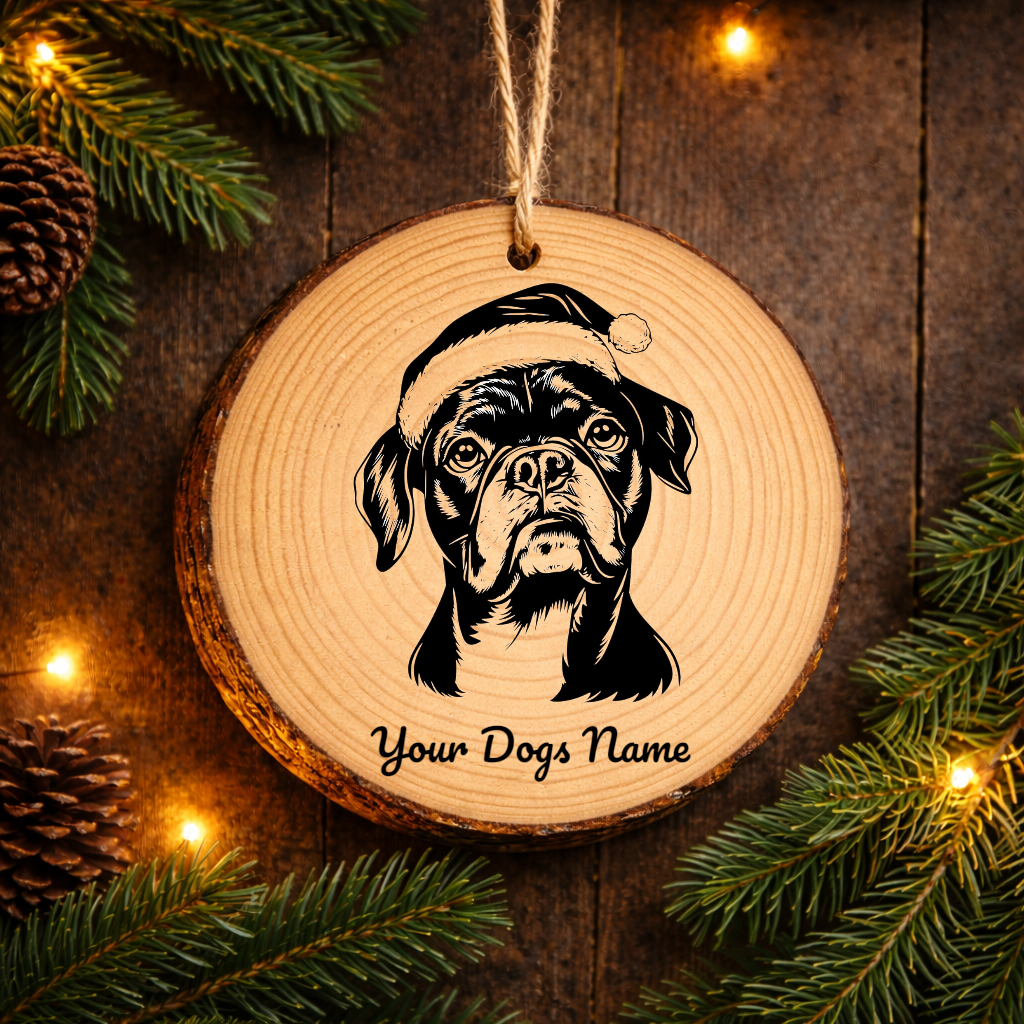 Boxer Santa Hat Dog Rustic Pine Christmas Ornament