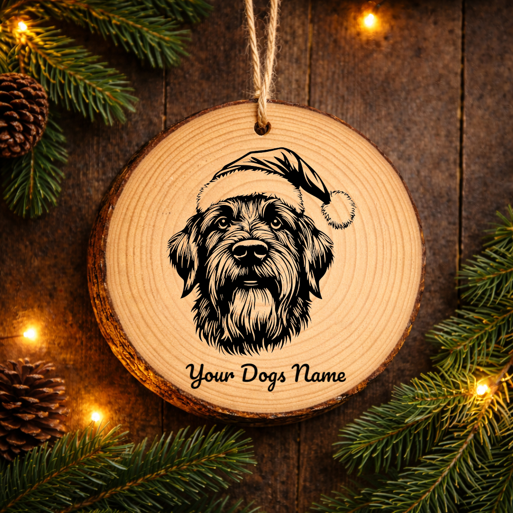 Briard Santa Hat Dog Rustic Pine Christmas Ornament