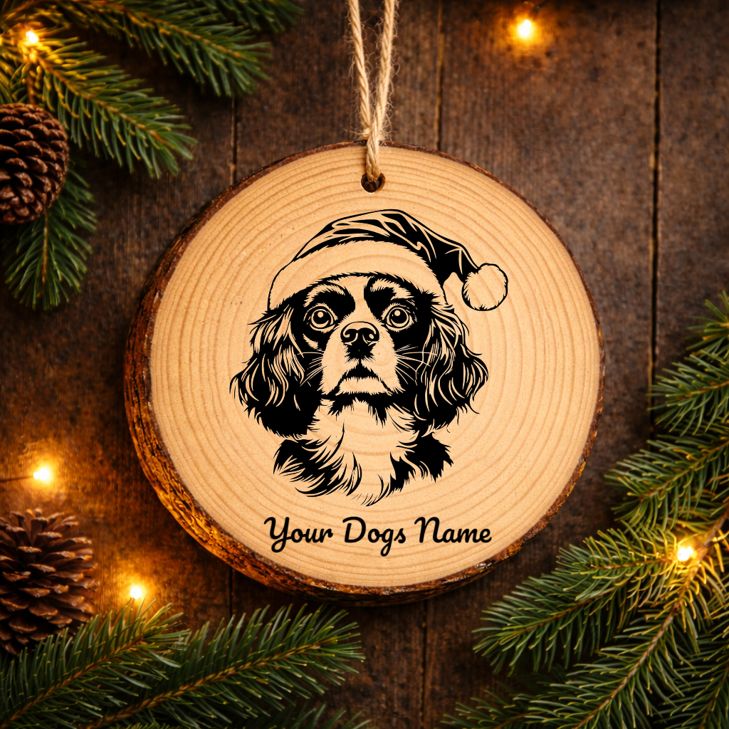 Cavalier King Charles Spaniel Santa Hat Dog Rustic Pine Christmas Ornament