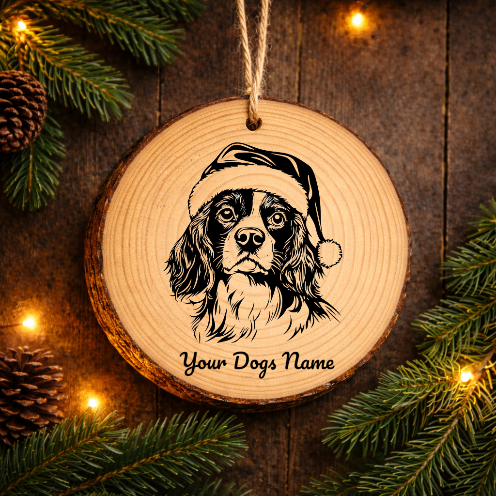 Cavalier King Charles Spaniel Santa Hat Dog Rustic Pine Christmas Ornament