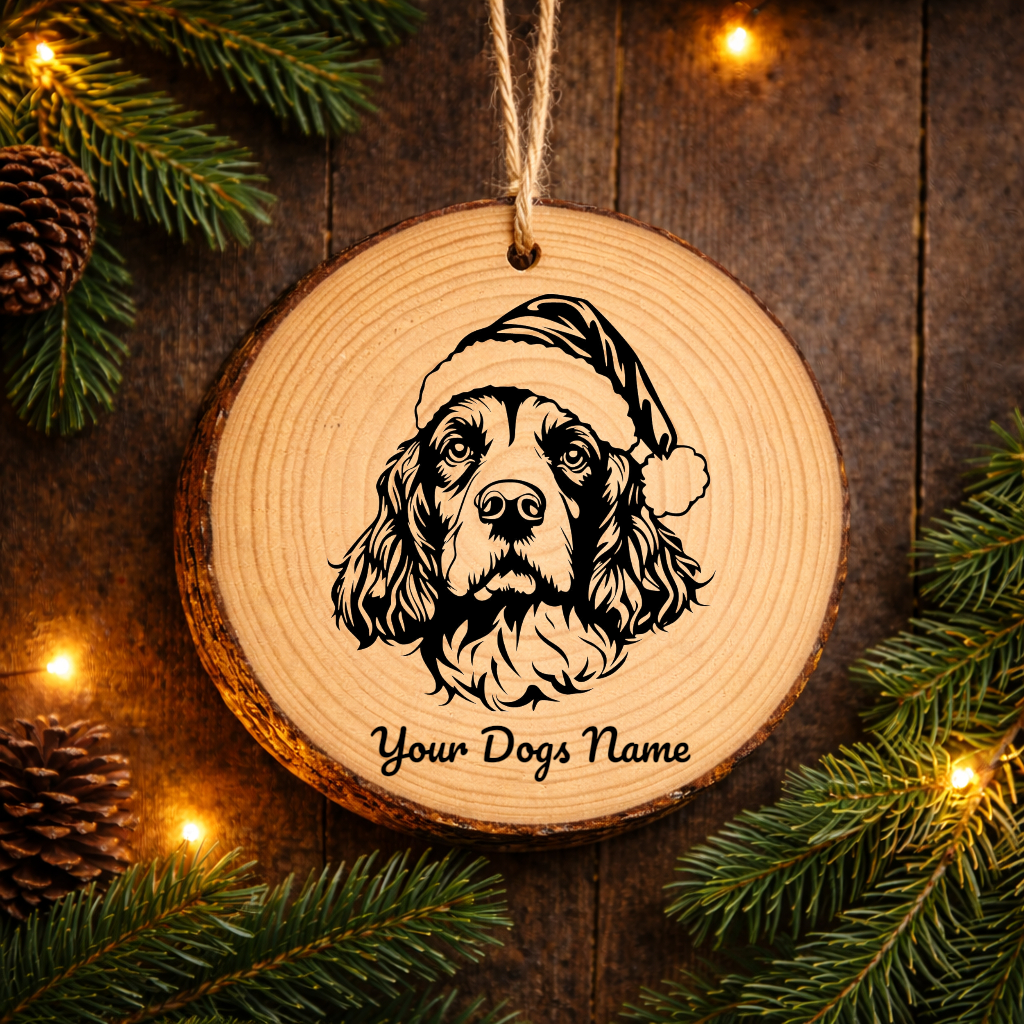 Clumber Spaniel Santa Hat Dog Rustic Pine Christmas Ornament