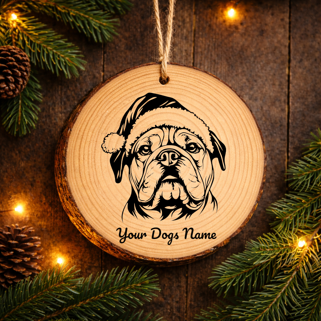 English BullSanta Hat Dog Santa Hat Dog Rustic Pine Christmas Ornament