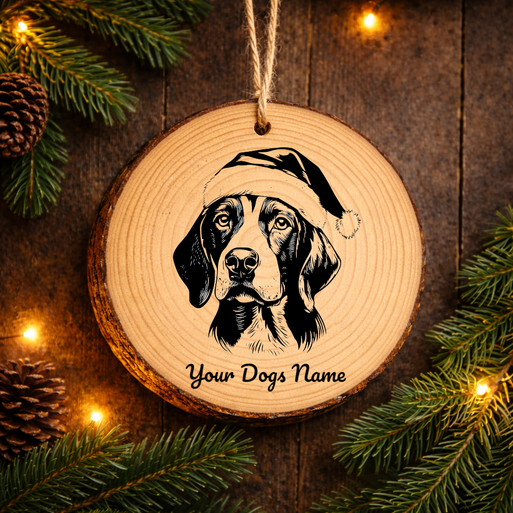 English Foxhound Santa Hat Dog Rustic Pine Christmas Ornament
