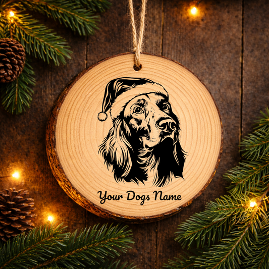 English Setter Santa Hat Dog Rustic Pine Christmas Ornament