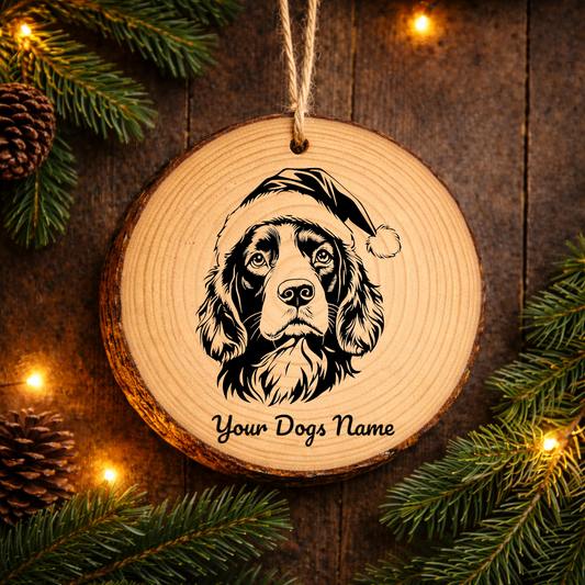 English Springer Spaniel Santa Hat Dog Rustic Pine Christmas Ornament
