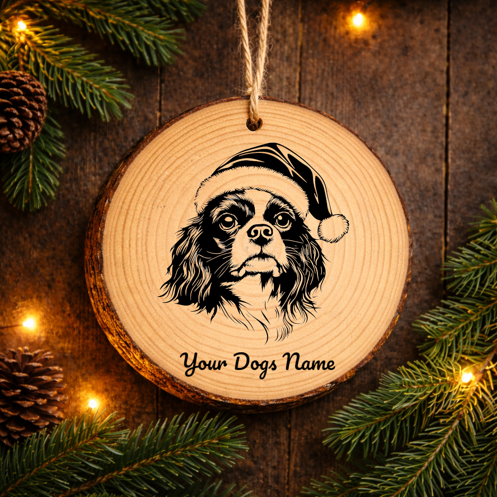 English Toy Spaniel Santa Hat Dog Rustic Pine Christmas Ornament