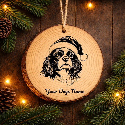 English Toy Spaniel Santa Hat Dog Rustic Pine Christmas Ornament