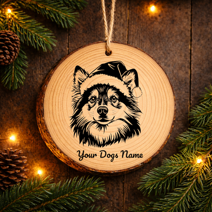 Finnish Lapphund Santa Hat Dog Rustic Pine Christmas Ornament