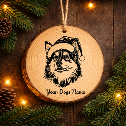Finnish Lapphund Santa Hat Dog Rustic Pine Christmas Ornament