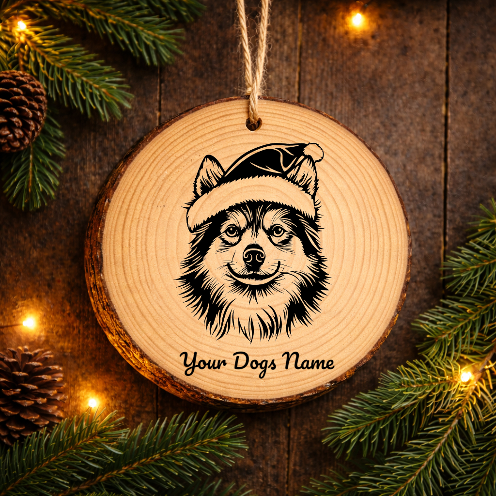 Finnish Spitz Santa Hat Dog Rustic Pine Christmas Ornament