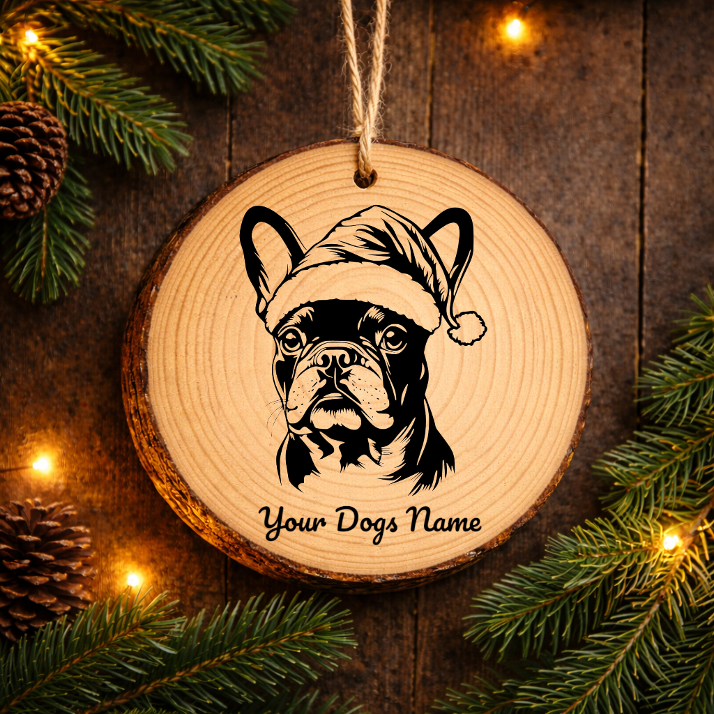 French Bulldog Santa Hat Dog Rustic Pine Christmas Ornament