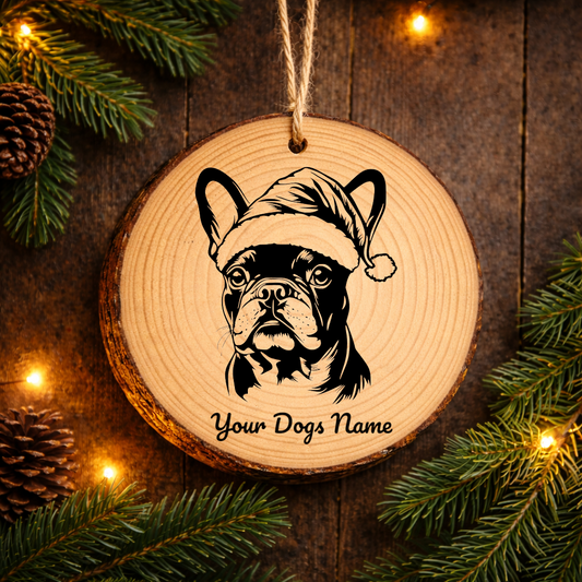 French Bulldog Santa Hat Dog Rustic Pine Christmas Ornament