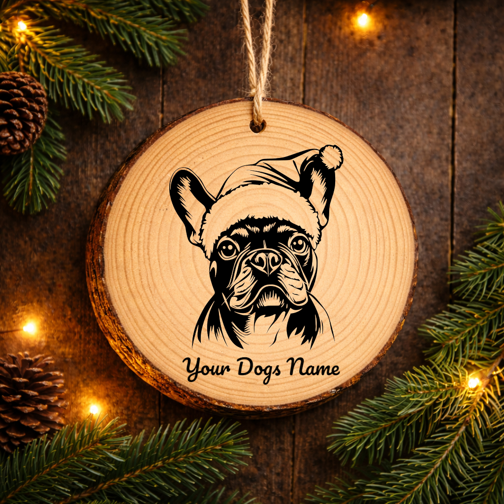 French Bulldog Santa Hat Dog Rustic Pine Christmas Ornament