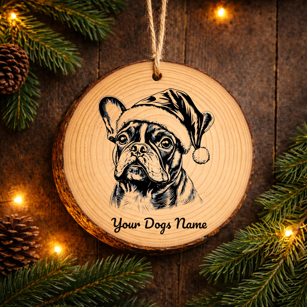 French Bulldog Santa Hat Dog Rustic Pine Christmas Ornament