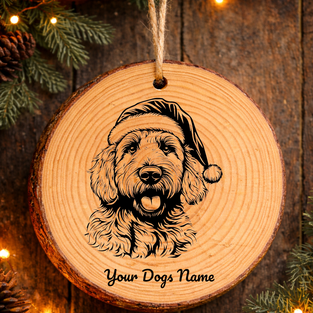 Goldendoodle Santa Hat Dog Rustic Pine Christmas Ornament
