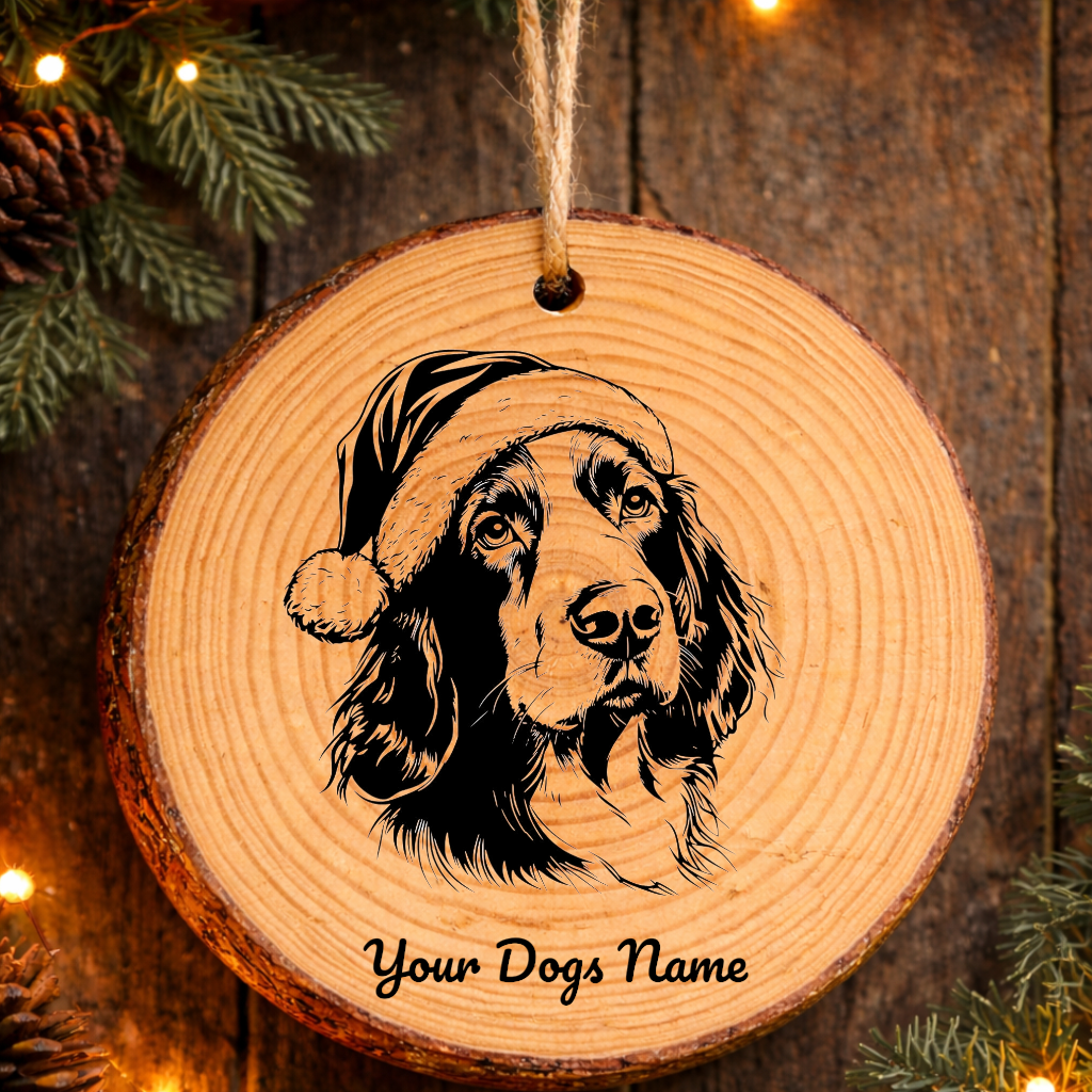 Irish Red and White Setter Santa Hat Dog Rustic Pine Christmas Ornament