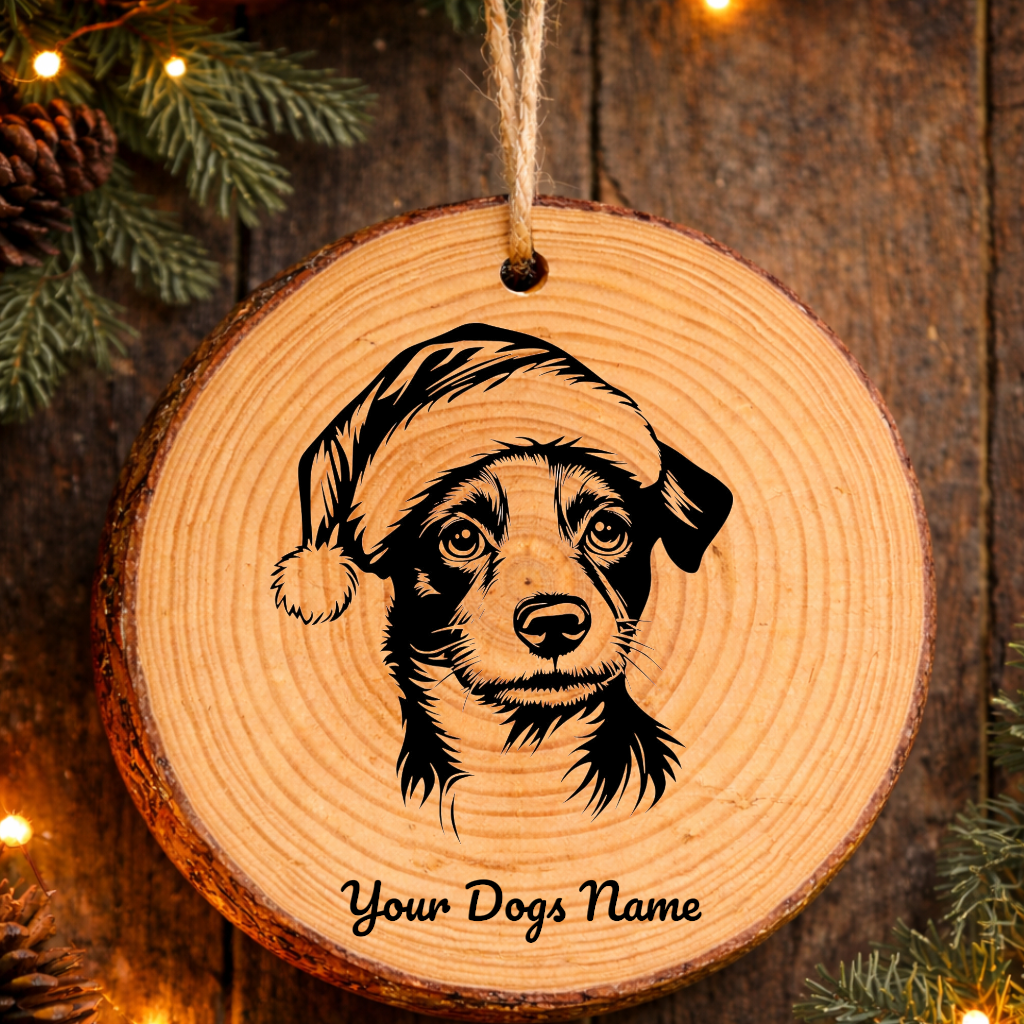 Jack Russell Terrier Santa Hat Dog Rustic Pine Christmas Ornament