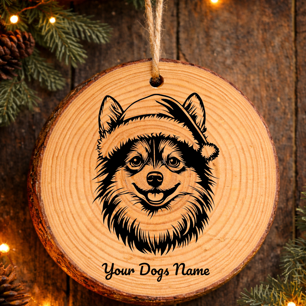 Japanese Spitz Santa Hat Dog Rustic Pine Christmas Ornament