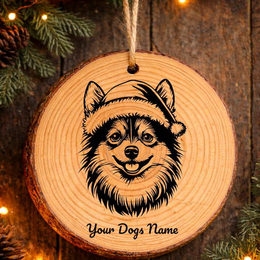 Japanese Spitz Santa Hat Dog Rustic Pine Christmas Ornament