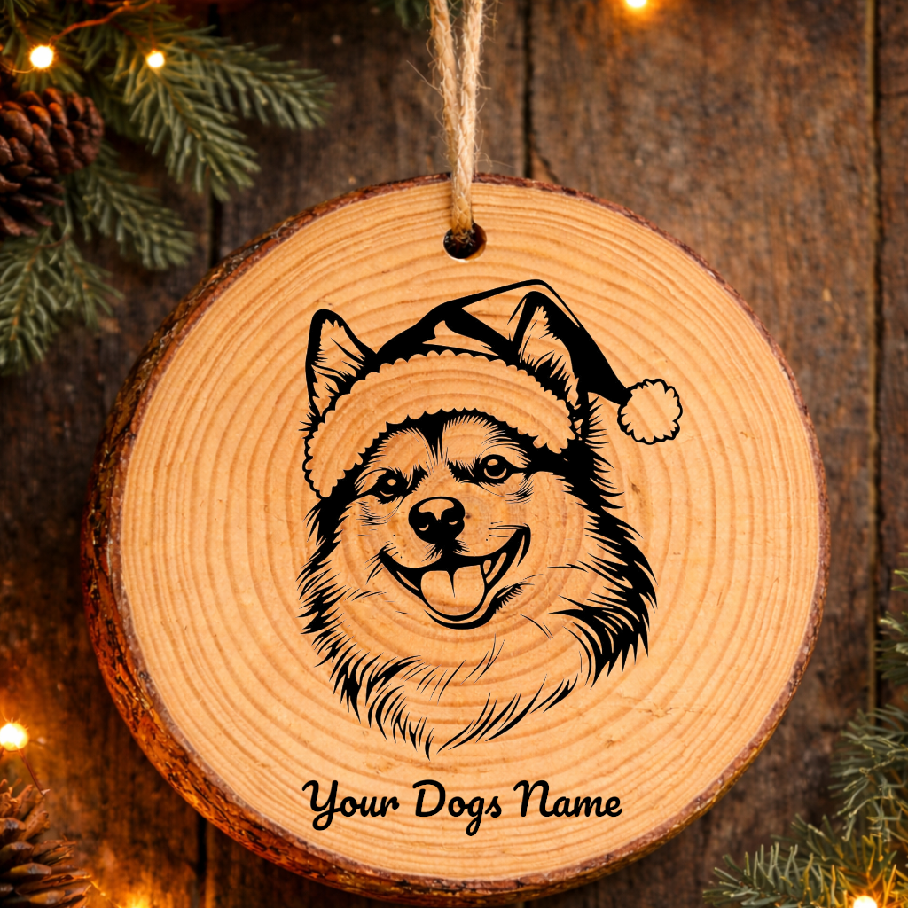 Japanese Spitz Santa Hat Dog Rustic Pine Christmas Ornament