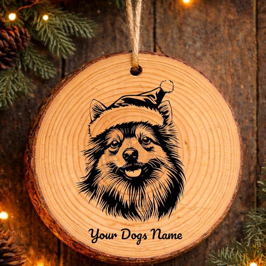 Keeshond Santa Hat Dog Rustic Pine Christmas Ornament