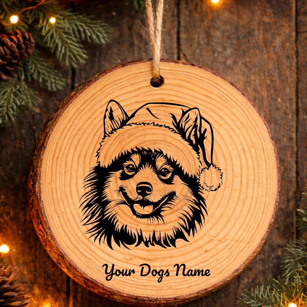 Keeshond Santa Hat Dog Rustic Pine Christmas Ornament