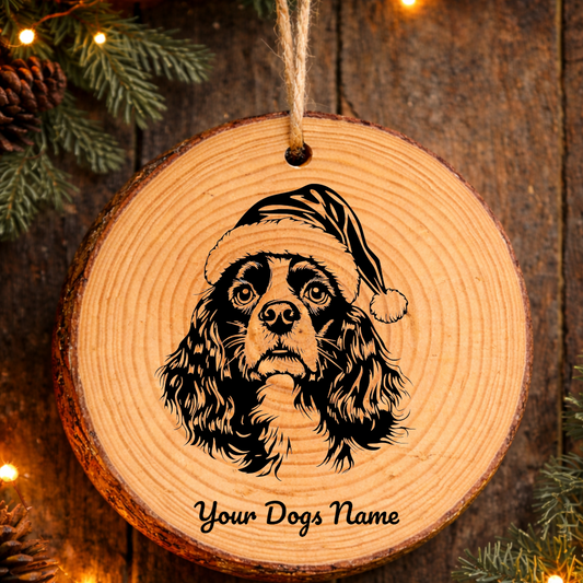 King Charles Spaniel Santa Hat Dog Rustic Pine Christmas Ornament