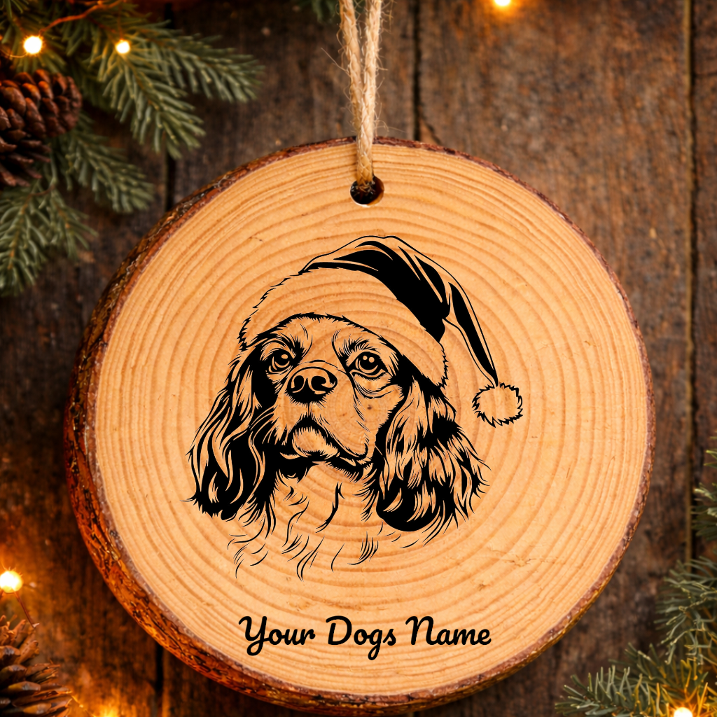 King Charles Spaniel Santa Hat Dog Rustic Pine Christmas Ornament